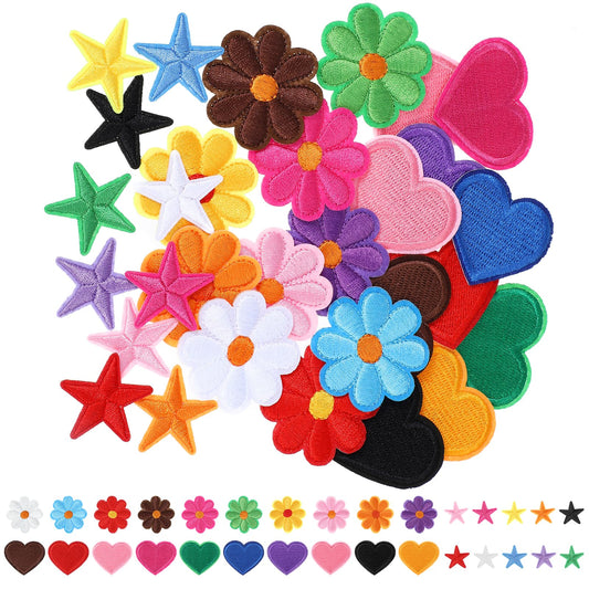30 PCS Colorful Flower Iron on Patches, Heart and Star Applique Patches for Clothing, DIY Embroidered Patches, Sew on Embroidered Applique Sewing Patches for Jackets, Jeans, Backpacks