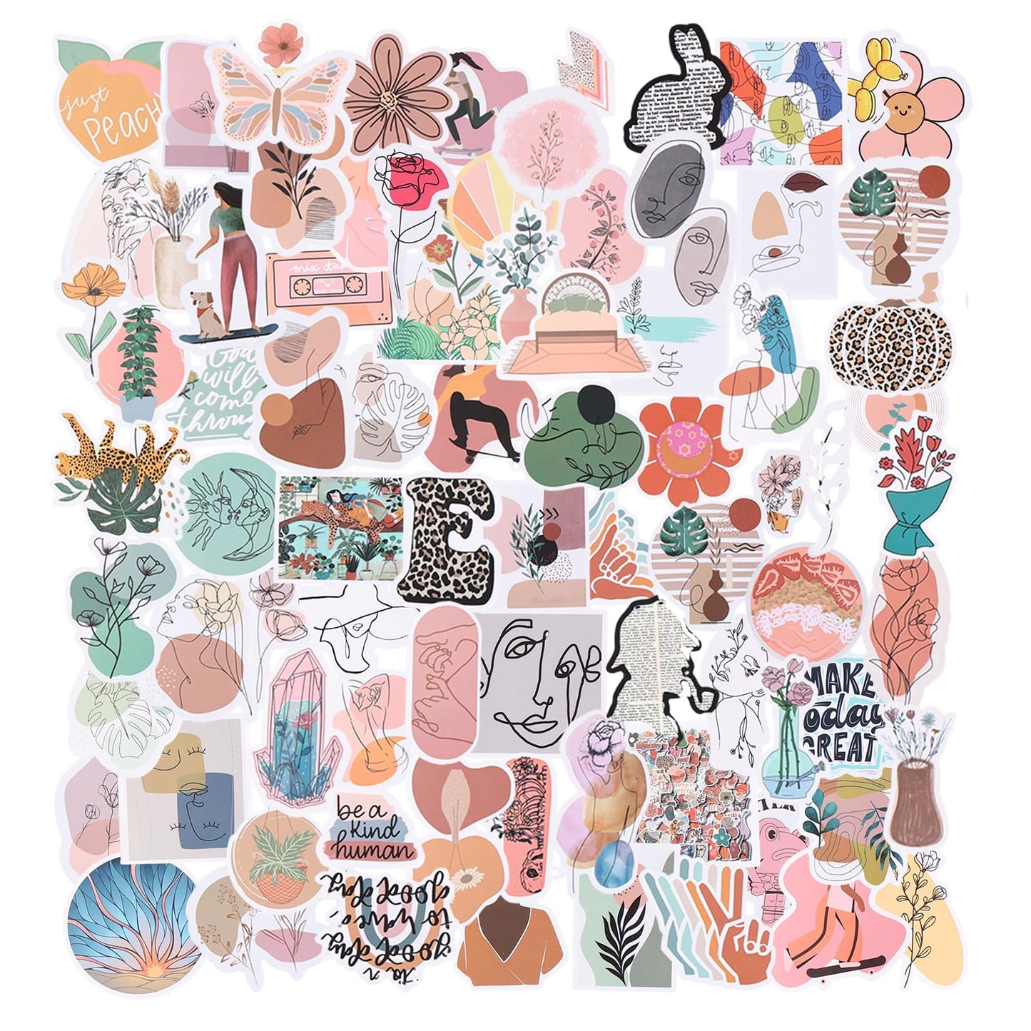 Ouligay 100Pcs Aesthetic Boho Stickers Cute Waterproof Vinyl Stickers for Water Bottle Laptop Phone Skateboard Guitar Scrapbook Stickers for Teens Girls Women Adults