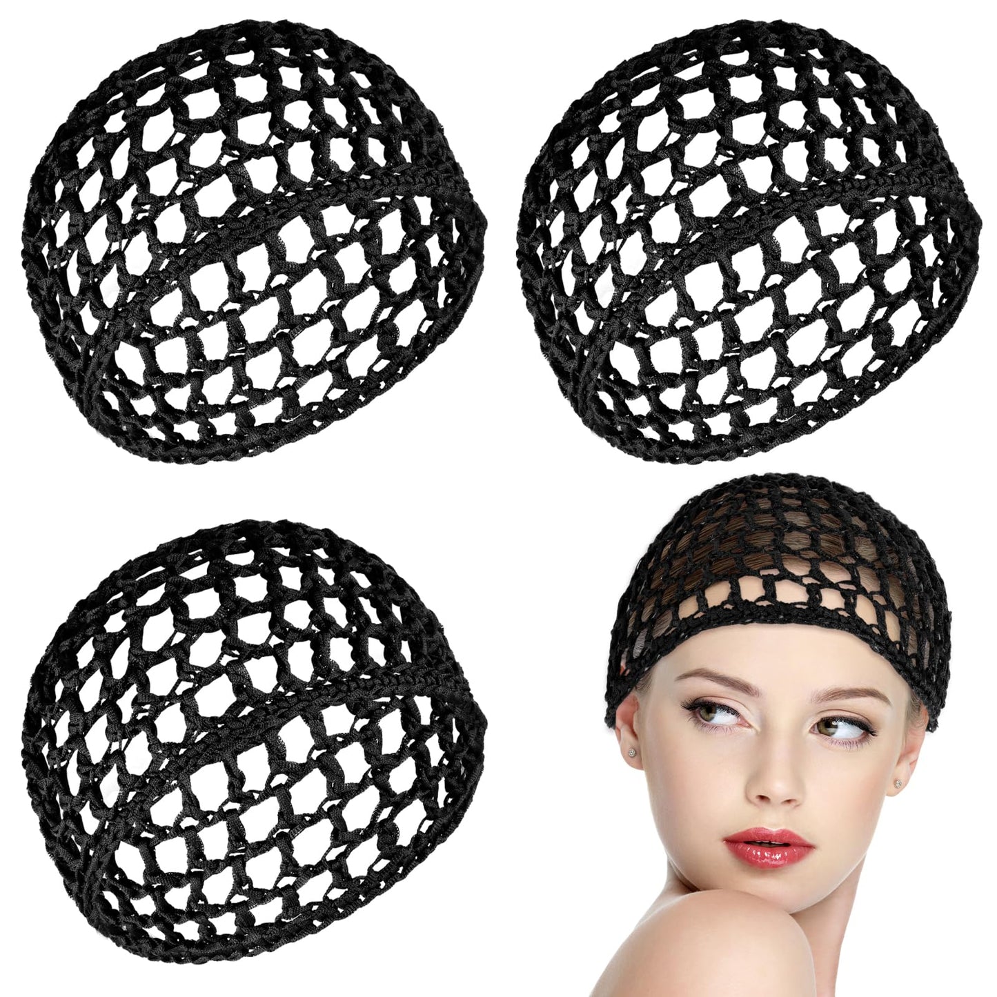 3PCS Hair Nets for Sleeping, Crochet Hair Wrap Net, Mesh Silk Press Wrap Soft Reusable Wrapping Crocheted Hairnets Sleep Cap for Women Sleep Hair Silk Tidy (Black)