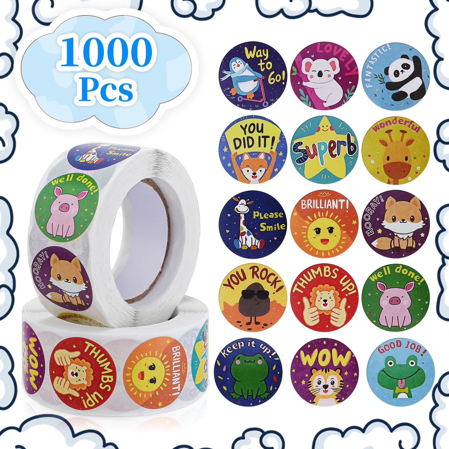 Reward Stickers,Mabor Cute Motivational Stickers for Kids,Classroom Stickers for Encouraging Student Awards & Incentives(2 Rolls 1000pcs)