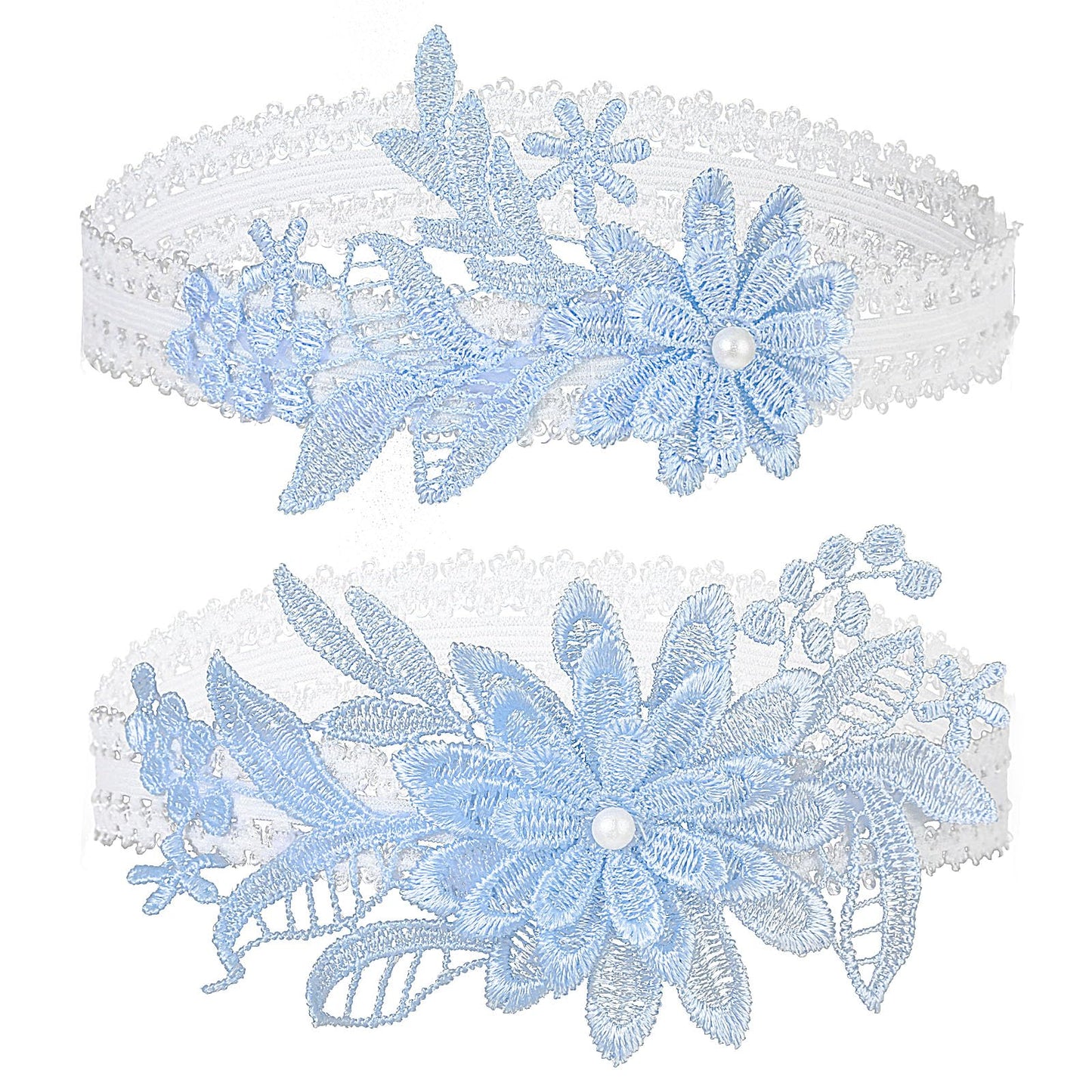Mabor 2Pcs Wedding Garters for Brides, Blue Lace Bridal Garter with Faux Pearl for Wedding Day Prom Party Stretchy Flower Lace Garter Hand Sewn Wedding Garter Belt Set