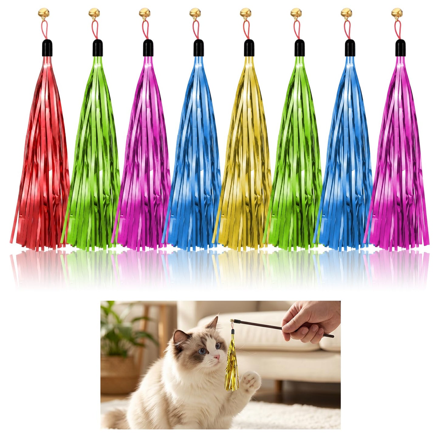 Ouligay 8 Pcs Cat Toy Wand Refills, Cat Wand Replacement, Cat Wand Attachments with Bell, Cat Toys Interactive for Teaser Play and Chase Exercise with Kitten