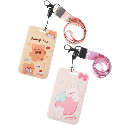 Ymapinc 2Pcs Photocard Holder Lanyards, for Pass Name Card Work ID, Cartoon Animal Design (Hugging Strawberry Rabbit & Cake Bear), Pink & Yellow, with Cute Themed Strap