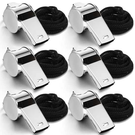 Tyqour 6 Pack Coach Whistle with Lanyard, Teacher Whistle, Loud Metal Whistle for Coaches, Referees, Lifeguard Whistle, Safety Whistle Bulk, Silver Stainless Steel