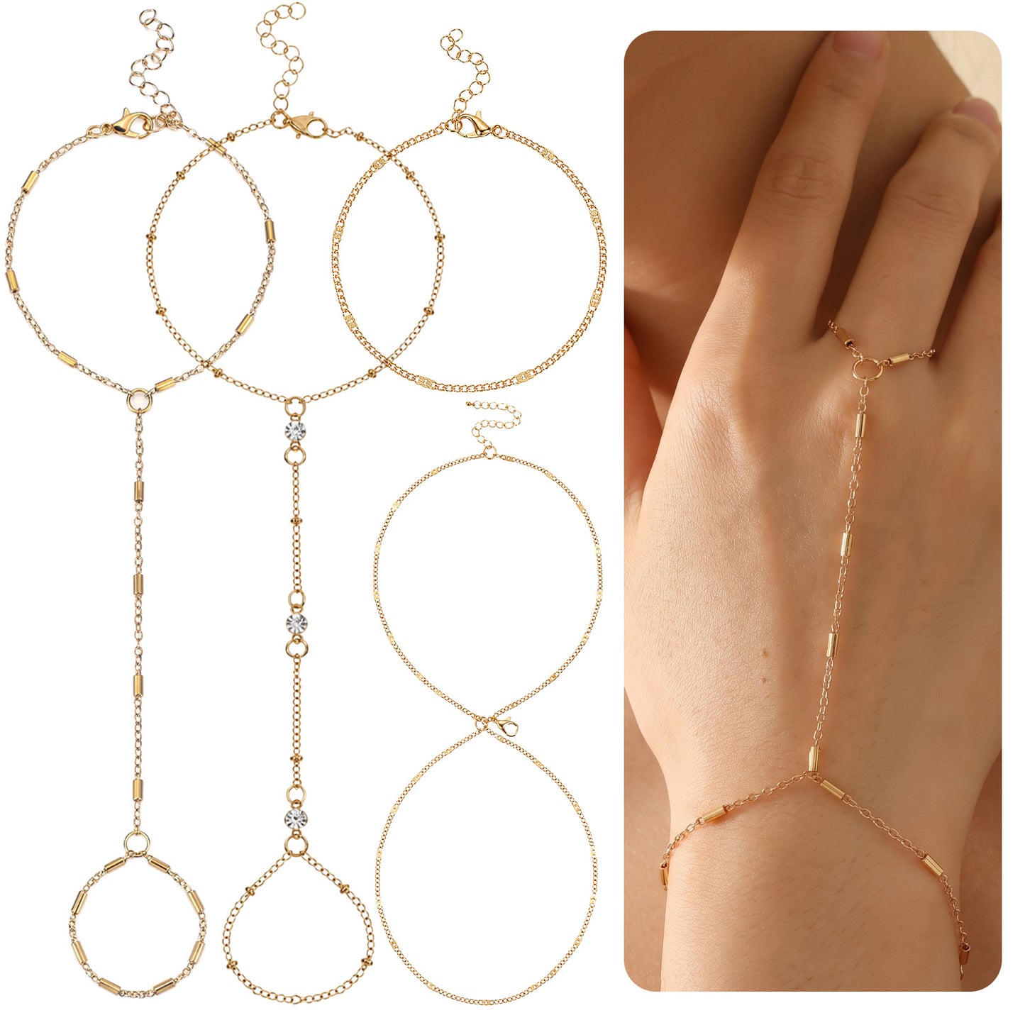 Ouligay Gold Plated Hand Chain for Women 4 Pcs Handchain Set Trendy Gold Chain Bracelet Stackable Hand Jewelry Chain Dainty Adjustable Ring Bracelet Body Jewelry Gift