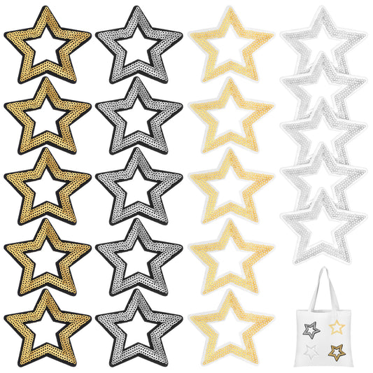 20 Pcs Star Patches Iron On Hollow Sequin & Glitter Star Iron On Patches Sequin Five-Pointed Embroidery Glitter Applique Repair Decoration Accessories for Clothing Jeans Pants Dress Backpack Hat