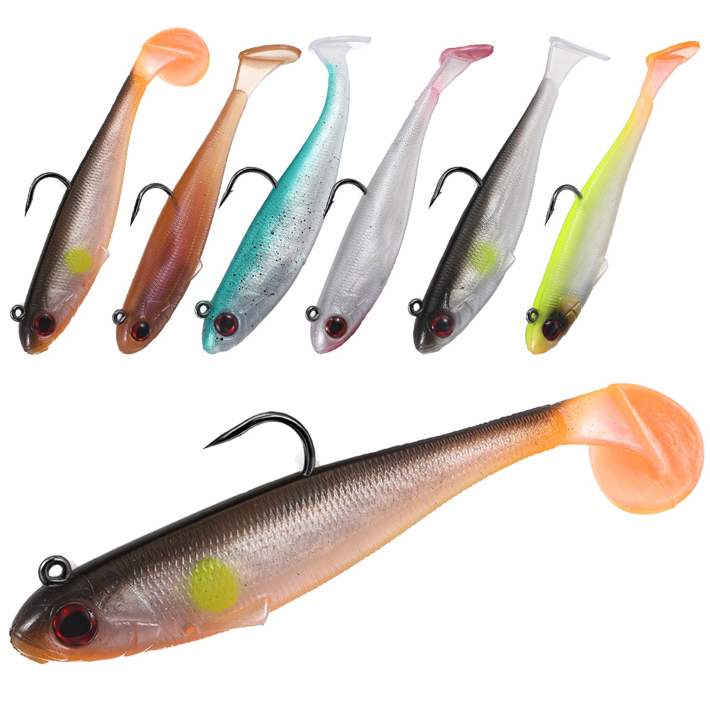 Nogeqi 6 Pcs Fishing Lure Kit, Swim Bait with Hooks, Soft Bass Fishing Lures, Trembly Sinking and Vibrating Swim,Paddle Tail Swimbait for Bass, Trout, Walleye,Saltwater Freshwater,Fishing Gifts