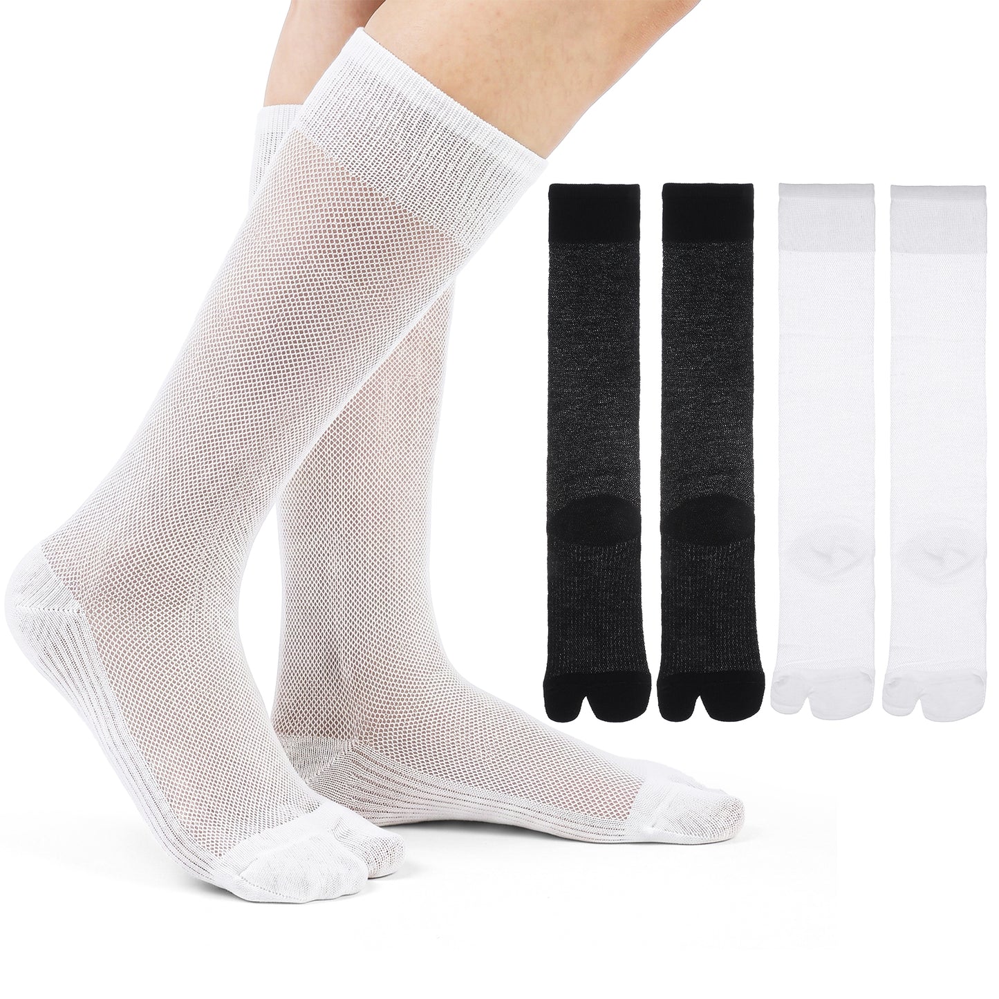 RAHHLIZS 2 Pairs Split Toe Socks Japanese Tabi Socks for Tabi Shoes Flats Split Long Stockings Men Women (White, Black)