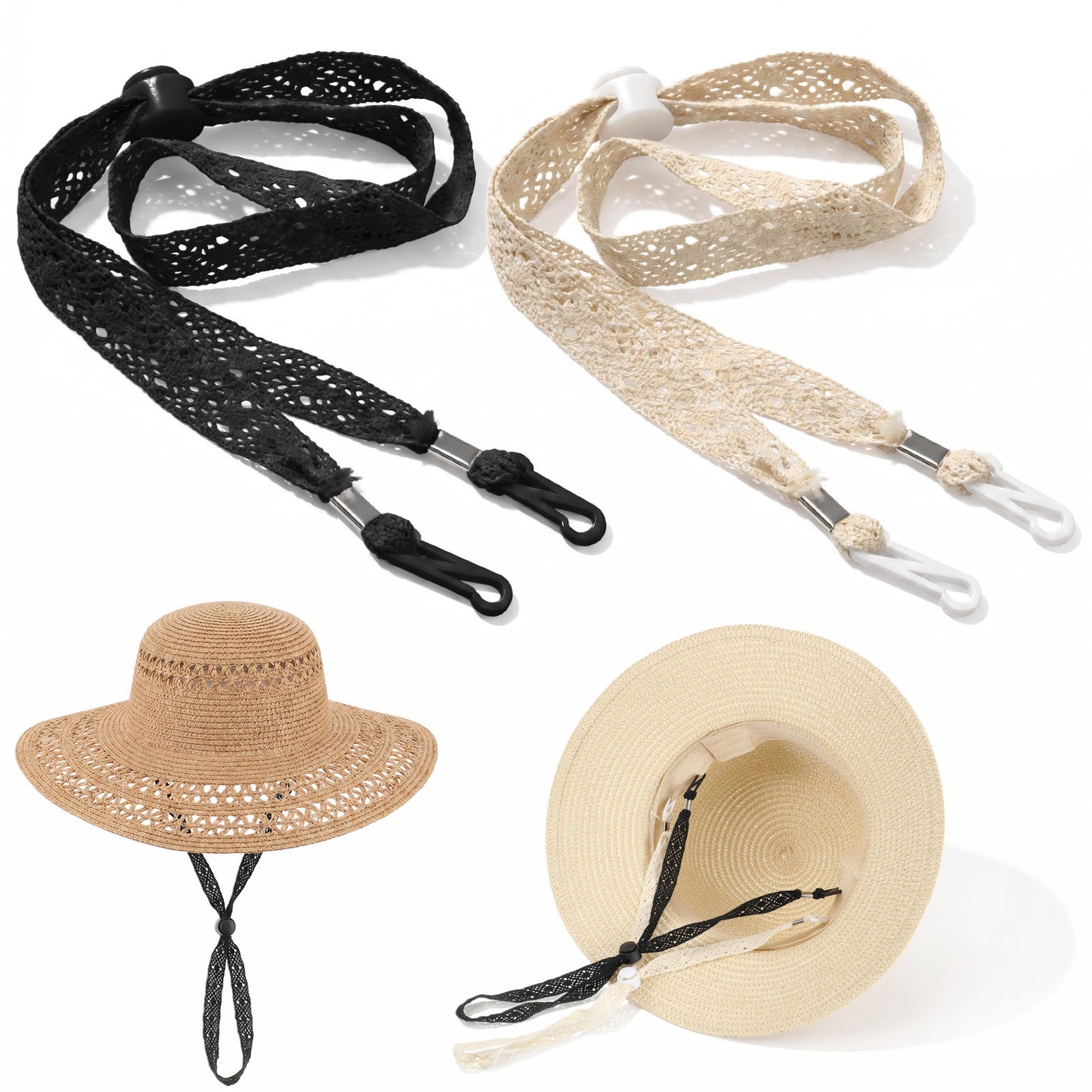 Mabor 2Pcs Hat Straps for Wind, Chin Straps for Hats, Adjustable Beige Black Chin Cord, Lace Sun Hat Cinch Strap with Clips for Women Outdoor Cowboy Straw Hats