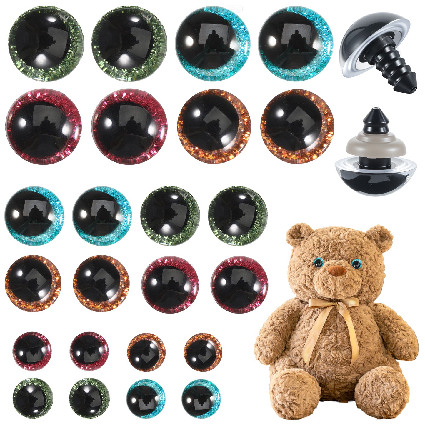 Nogeqi 48PCS Glitter Safety Eyes for Crocheting, 3D Amigurumi Eyes with Washers, 4 Colors Moon Stuffed Crochet Eye for Animals Doll Crafts Toy Making (12mm, 16mm, 18mm)