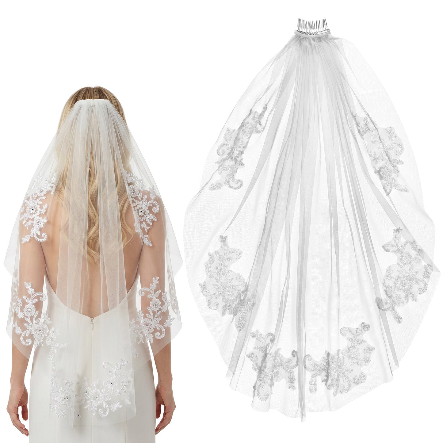 RAHHLIZS White Lace Bridal Veil with Comb, Rhinestone Short Veil Wedding Veil for Brides
