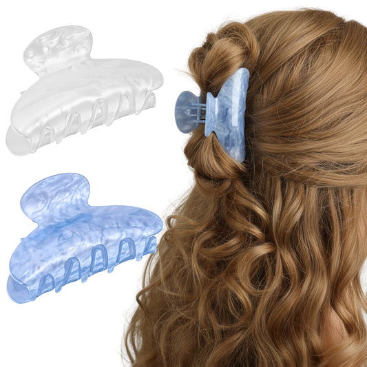 2PCS Elegant Big Hair Clips Shimmeroo Nonslip Claw Clips Cute French Style Exquisite Barrettes Hair Accessories for Women for Updos Buns Ponytails(1 White, 1 Blue)