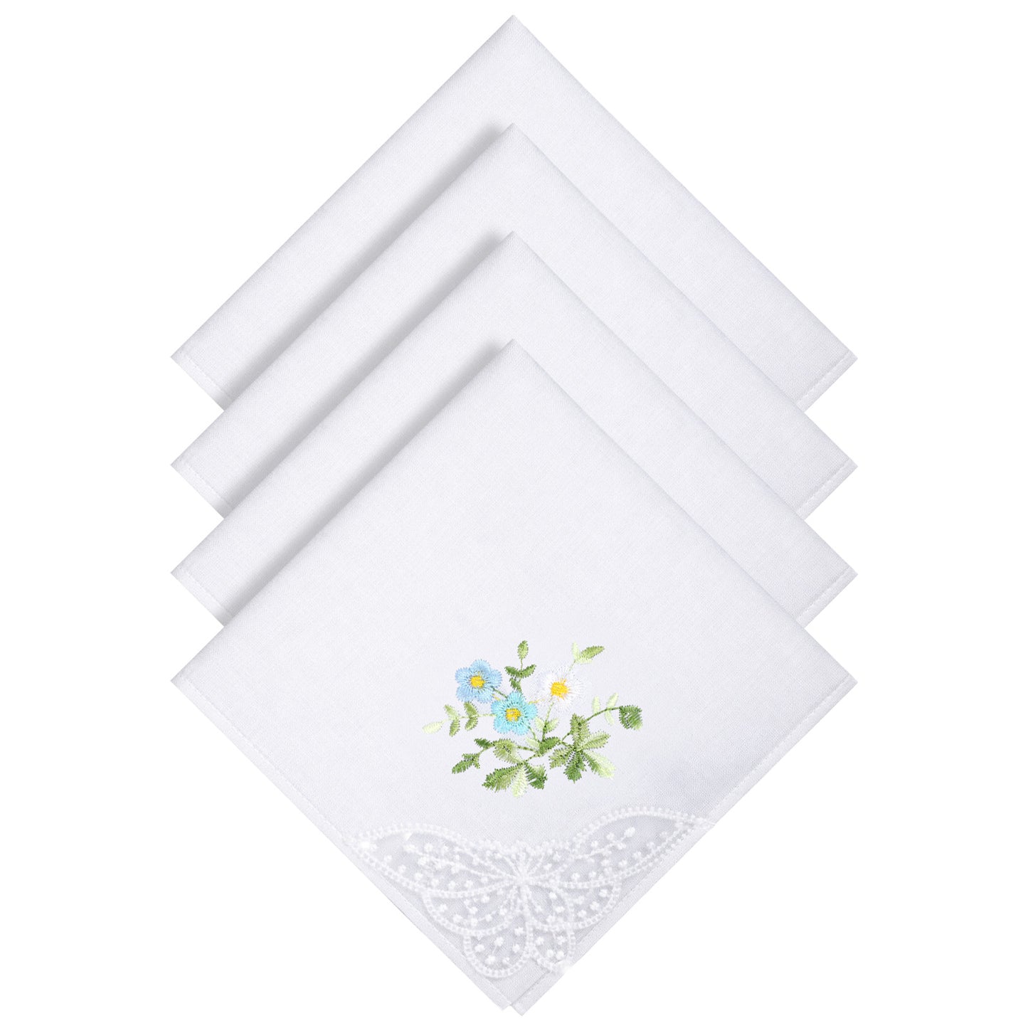 Matwsec 4 PCS Cotton Handkerchiefs for Women 11 Inch White Handkerchief with Lace Trim Embroidered Flowers Hankies for Women Ladies Wedding Bride Celebration Daily Use Special Occasions