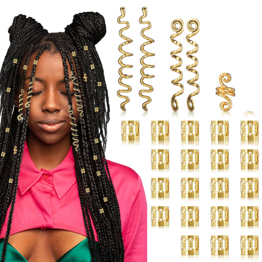 26Pcs Gold Hair Accessories for Black Women Braids Loc Jewelry for Dreadlock, Metal Dreadlock Beads Set Snake Hair Clips Decoration 4 Style