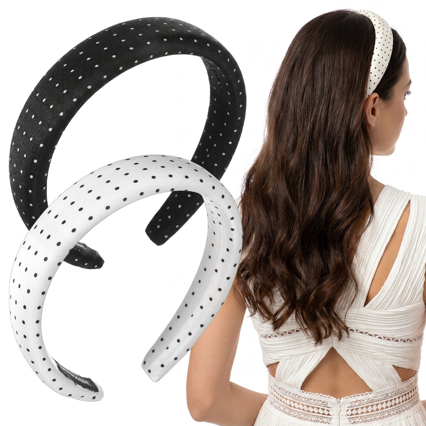 Ouligay 2 PCS Polka Dot Headbands for Women & Girls Non Slip Satin Headbands Comfortable Cute Head band for Daily Multifunctional Hair Accessories Black and White
