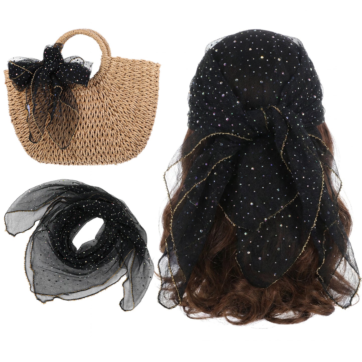 Ymapinc Black Head Scarf for Women, Sequin Glitter Rhinestone Bandana, Sparkly Festival Rave Scarf, Purse Handbag Decor for Party Wedding Beach Vacation