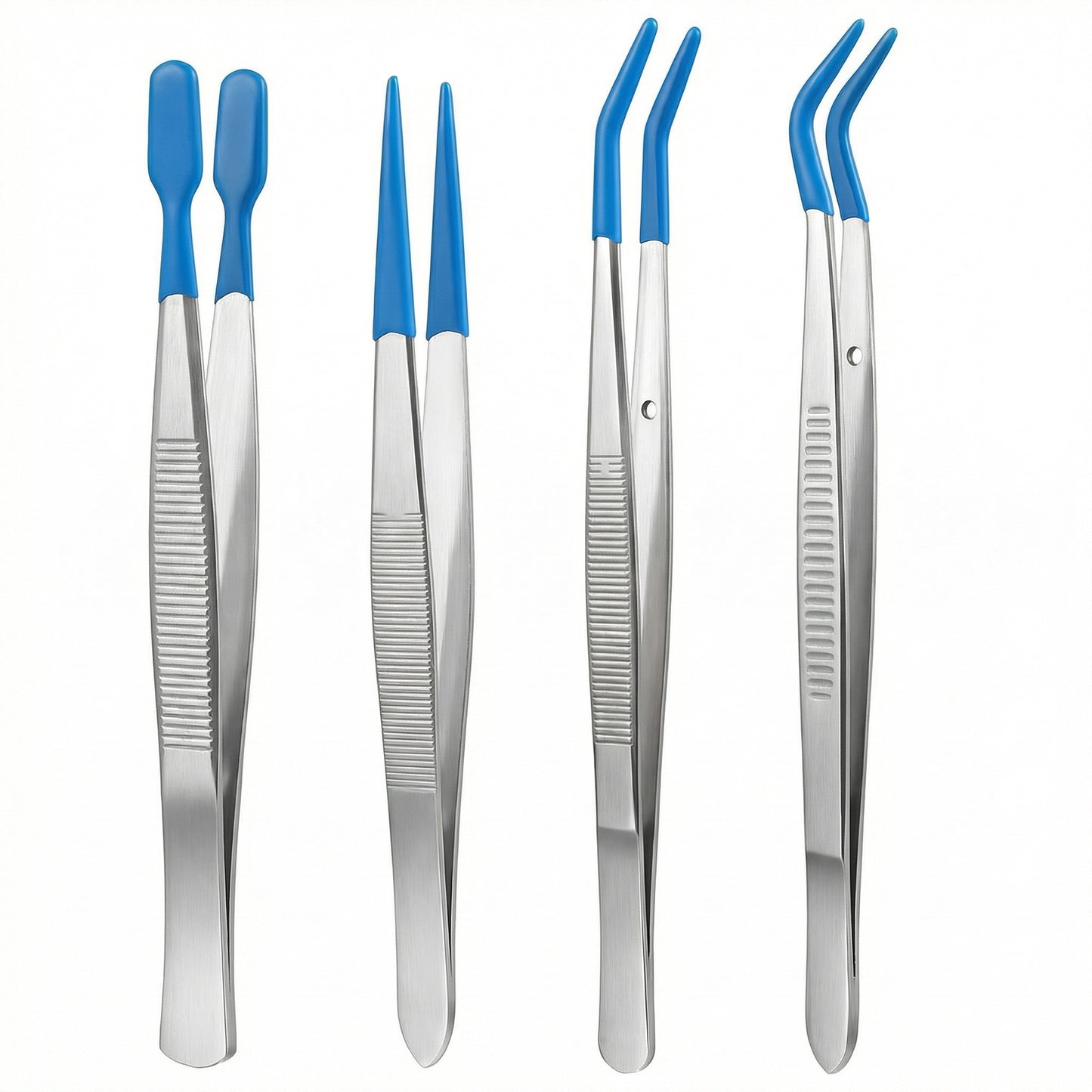 Rahhlizs 4 PCS Rubber Tipped Tweezers PVC Coated Tip Long Tweezers for Crafts Stainless Steel Flat and Bent Head Tweezer for Crafting for Crafts Stamps Coin Beads Jewelry Tools, Blue