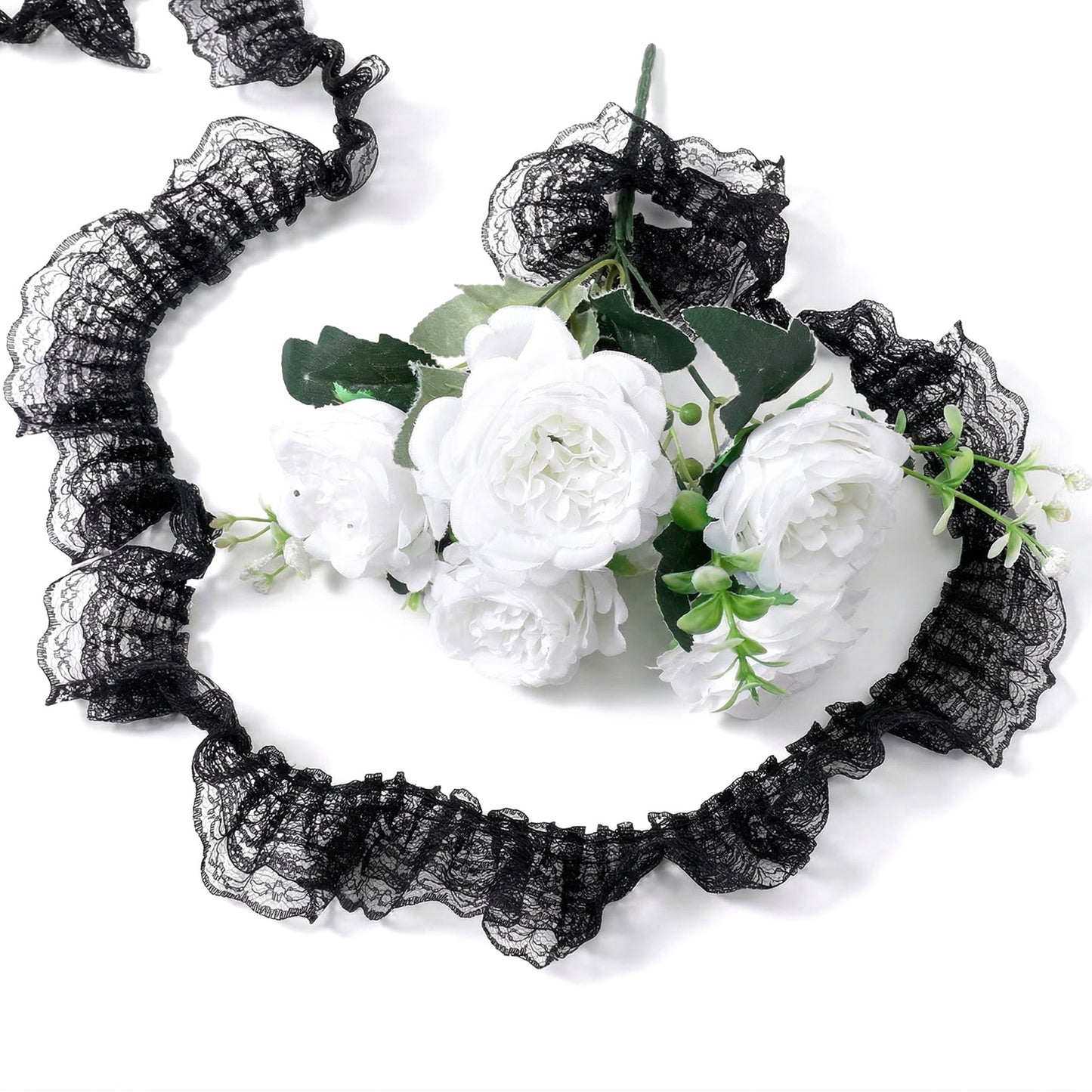 Matwsec 5 Yards Black Lace Ribbon 2-Layer Ruffle Trim 4.5cm Width Black Lace Trim for Sewing Crafts Wedding Bridal Dress Embellishment Gift Package DIY Decor
