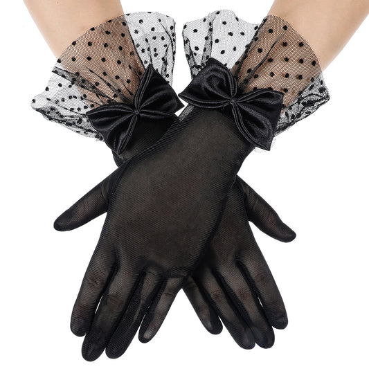 1 Pair Women Lace Gloves, Black Mesh Gloves Short Bow Gloves, Vintage Dress Gloves for Party, Bridal Wedding, Tea Party, Prom, Evening, Sun Protection, Funeral, Elegant Accessories
