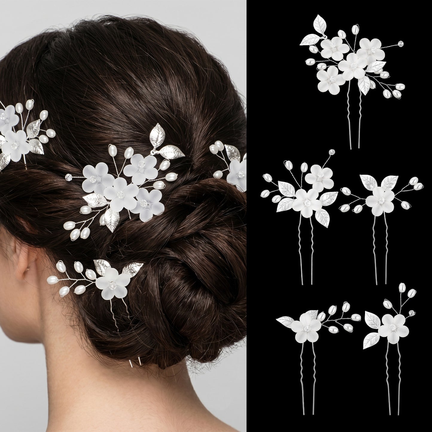 5 Pcs Bridal Hair Accessories Bride Hair Accessory Jewelry Headpiece With Rhinestone Silver Leaf Clips And White Rhinestones Pearls Women Bridesmaids for Women Girls(White Flower）