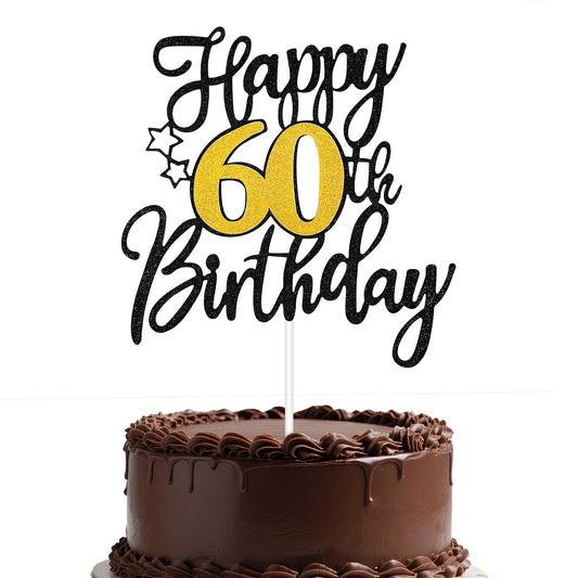 1 PCS Happy Birthday Cake Topper, Black Gold Glitter Cheers to Fabulous Years, Elegant Cake Decoration for Birthday Party Celebrations(60 st)