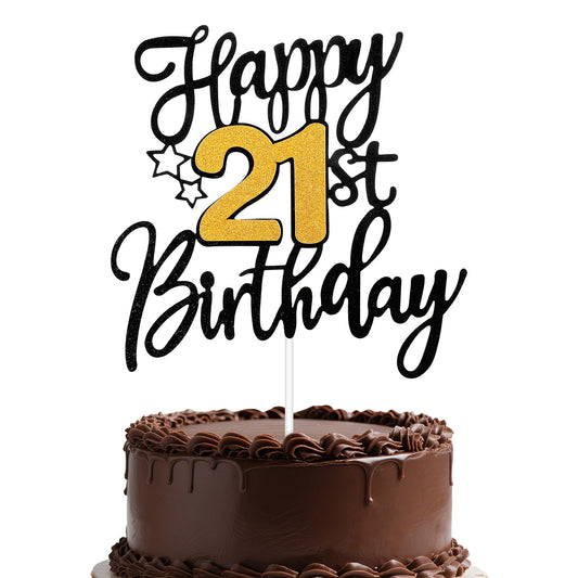 1 PCS Happy Birthday Cake Topper, Black Gold Glitter Cheers to Fabulous Years, Elegant Cake Decoration for Birthday Party Celebrations(21 st)