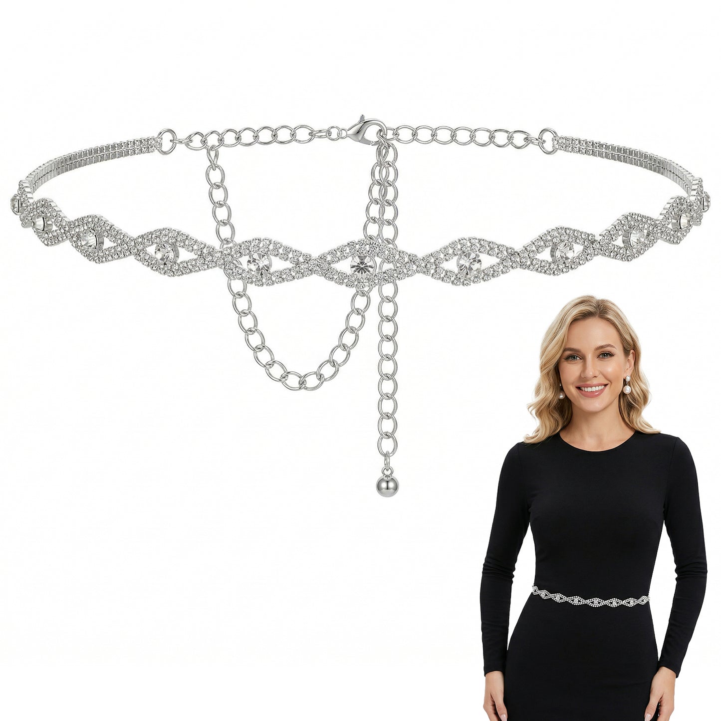RAHHLIZS Women’s Rhinestone Chain Belt Sparkly Silver Waist Chain for Dresses, Wedding Bridal & Evening Party Adjustable Crystal Belt