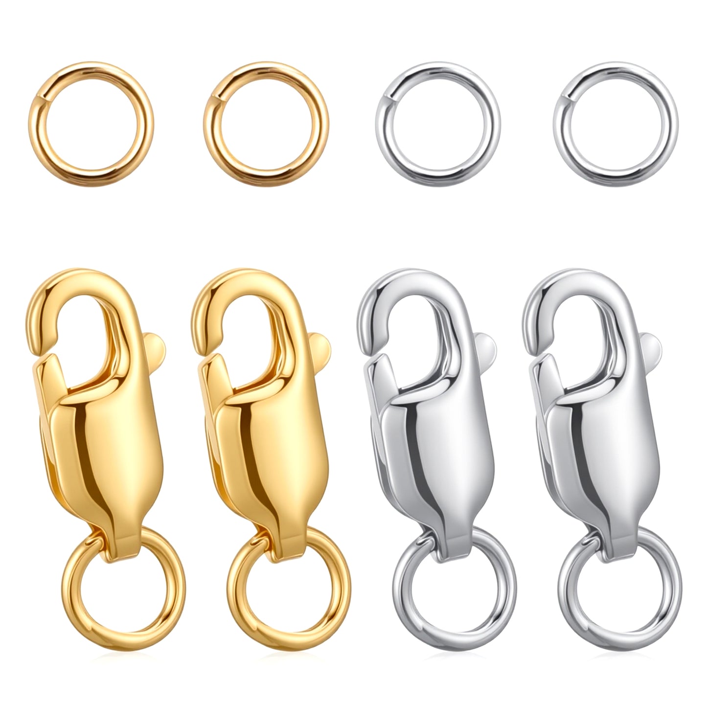 Nogeqi 4PCS Silver Gold Lobster Claw Clasps for Jewelry Making, Lobster Clasp with Closed Jump Rings for Necklace Bracelet Extender DIY Jewelry Making Kit
