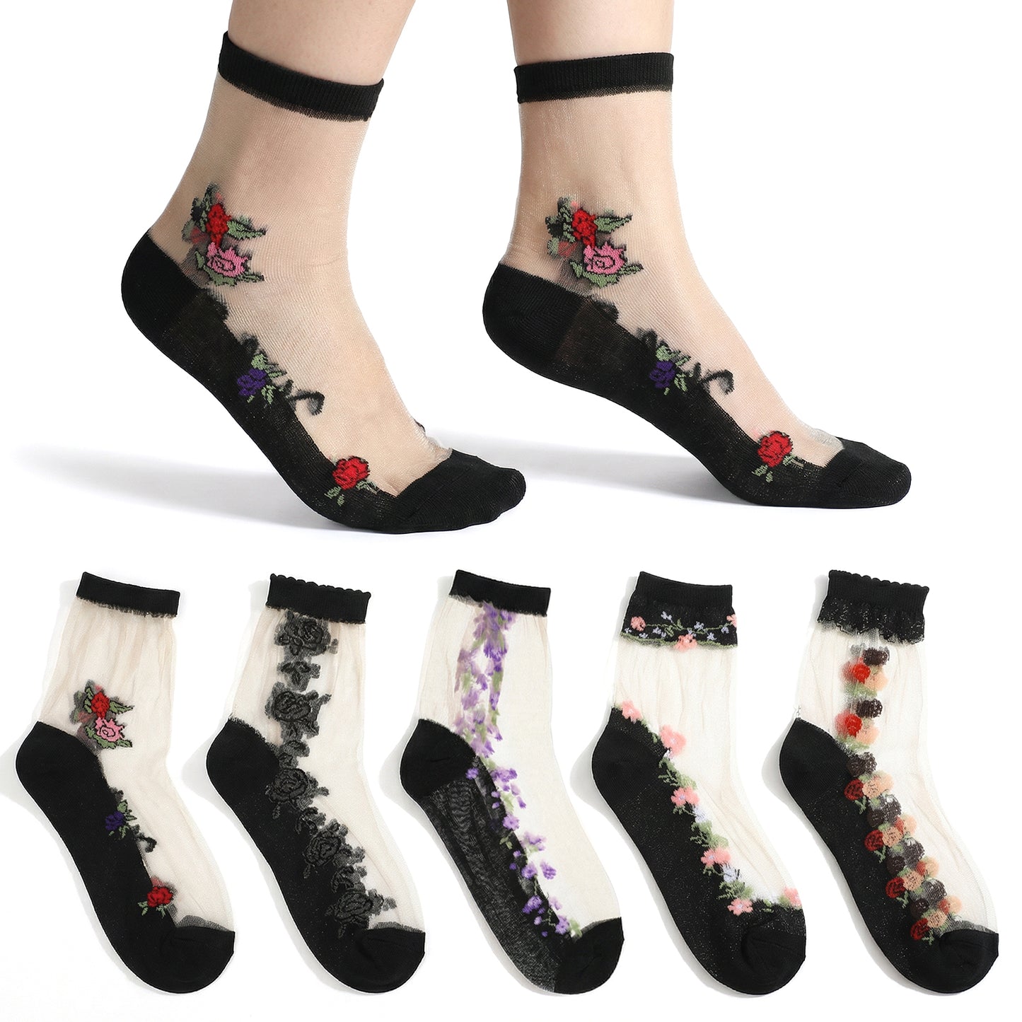 RAHHLIZS 5 pairs Women Sheer Socks Floral Nylon Sock Transparent Thin Cute Mesh Ankle Socks Casual Black