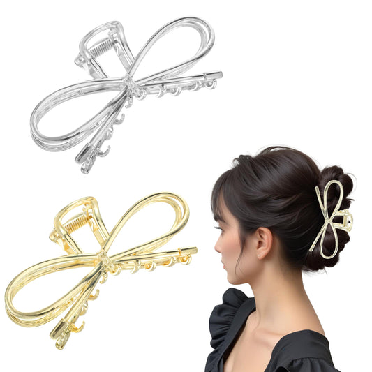 2 Pack Metal Bow Claw Hair Clips For Thin/Thick Hair 3.94 Inch Gold And Silver Bow Shaped Claw Clips Metal Bow Claw Clip Strong Hold Metal Hair Claw Clips For Women And Girls(Gold, Silver)