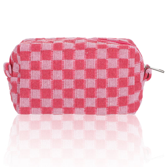 Tyqour Small Checkered Makeup Bag for Purse, Portable Zipper Cosmetic Pouch Cute Skin Care Bag Knitting Travel Pouch for Women Preppy Travel Accessories (Pink, 6.69 X 2.76 Inch)