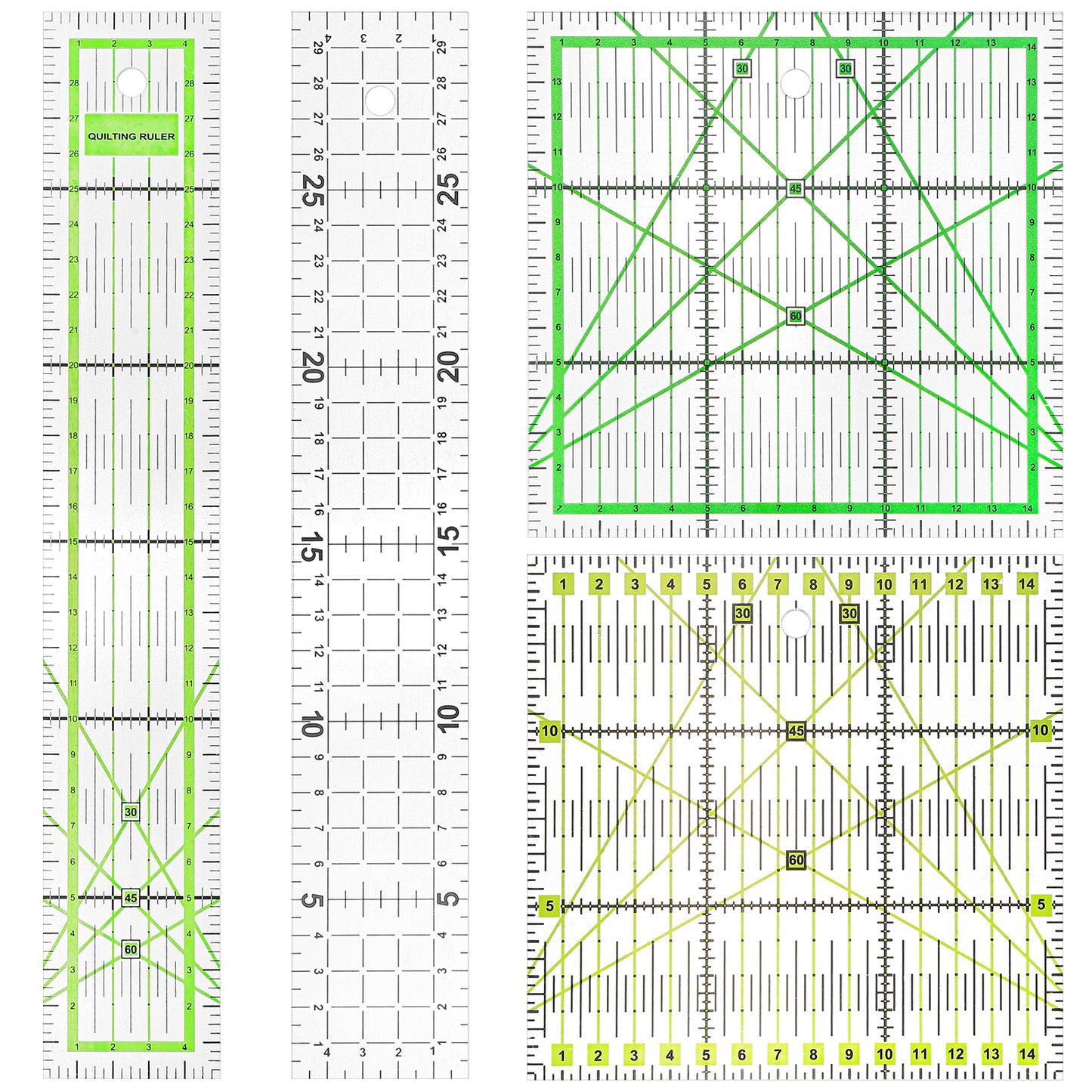 4 Piece Quilting Rulers Acrylic Quilt Ruler For Cutting Fabric, Square Quilting Rulers And Templates With Non Slip Rings Sewing Quilt Strip Rulers 5.91" × 5.91" 11.81" × 1.97" (Black/Green)