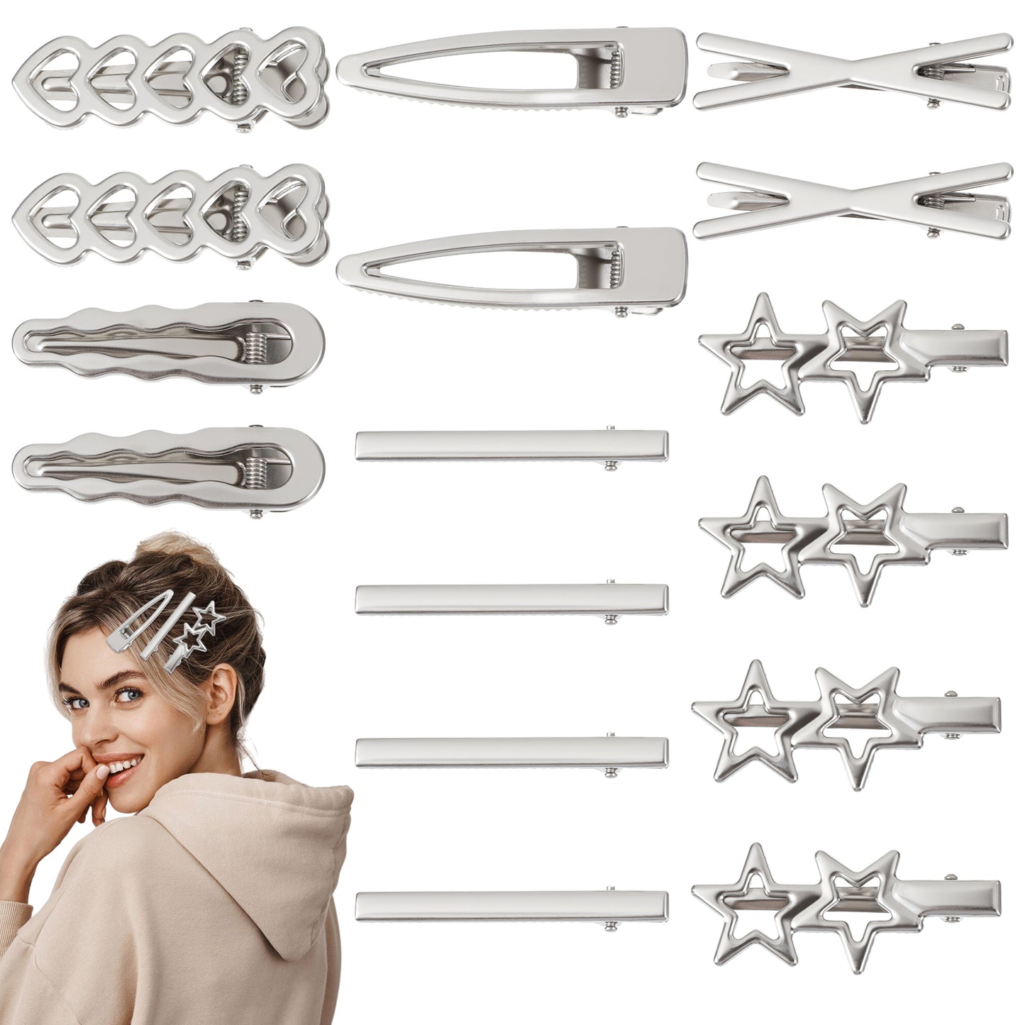 16pcs Star Hair Clips,Silver Hair Clips Metal Star Barrettes,Punk Y2k Accessories,Kawaii Hairs Clip In 8 Unique Shapes, 2000s Silver Hairs Accessories,Styling Stars Hairpin Cool Barrettes Hairpin Set