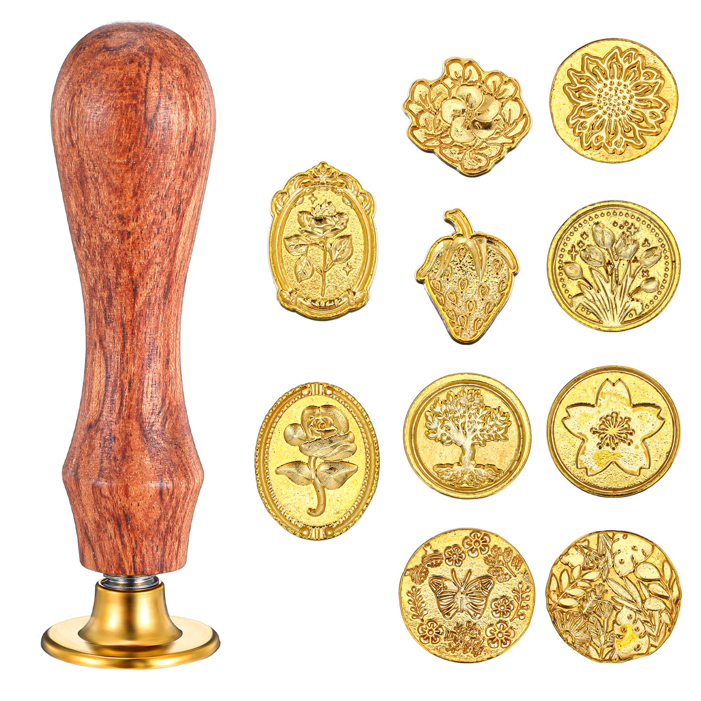 Tyqour Wax Stamp Seal Kit, 11pcs Brass Wax Seal Stamp Head with a Wooden Handle, Custom Wax Seal Kit for Wedding Invitations, Envelopes, Gift Wrapping, and More (Gold & Brown)