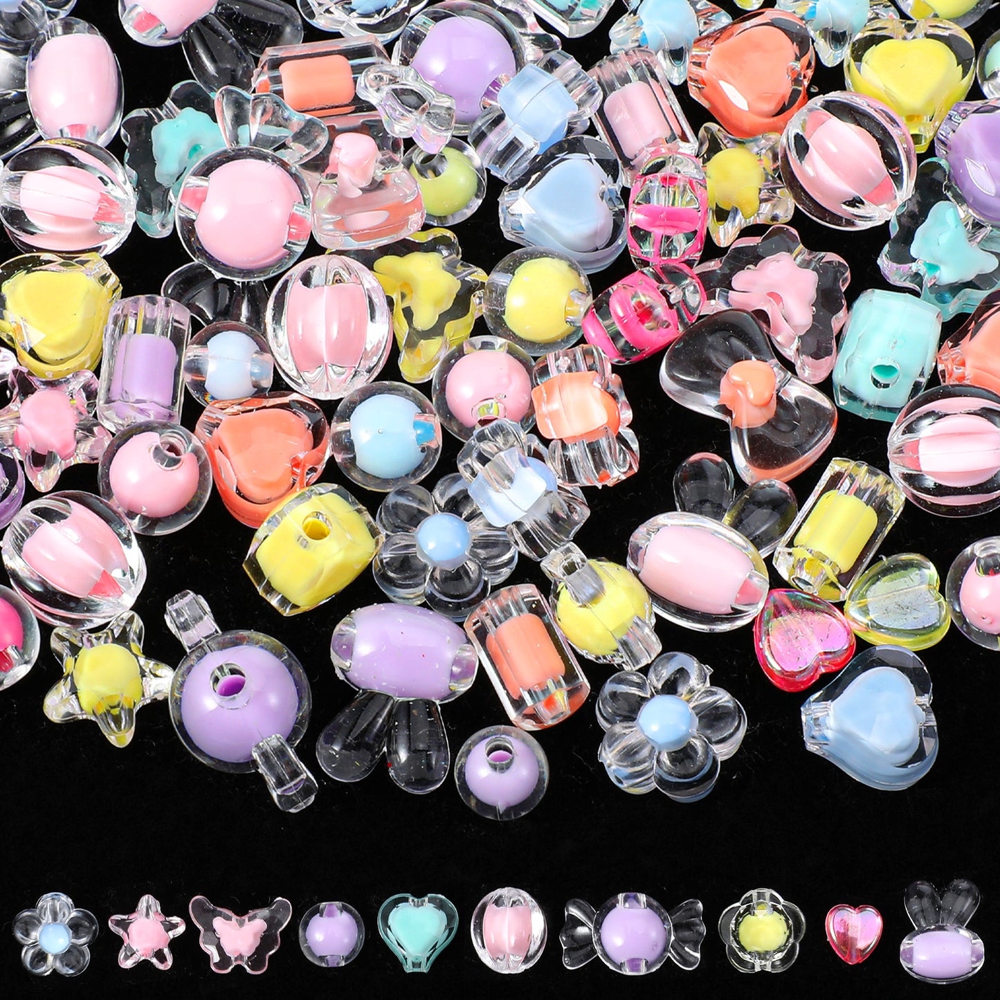 Rahhlizs 100 Pcs Cute Shaped Beads for Bracelets, Candy Assorted Beads, Candy Flower Star Heart Resin Charms for Jewelry Making Bracelet DIY Crafts Phone Charm Gifts Keychain