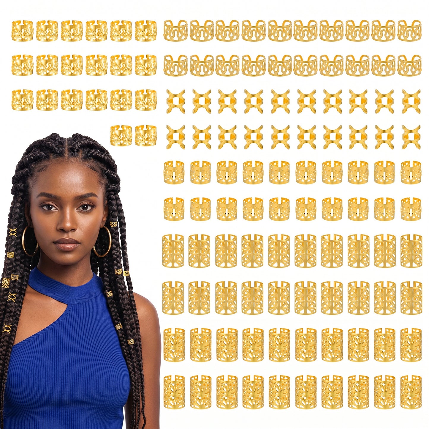 120 Pcs Hair Cuffs & Charms for Braids, 6 Styles Metal Gold Loc Jewelry for Dreadlocks, Festival Ready Hair Clips Rings (for Women & Girls) Gold Jewelry for Braids