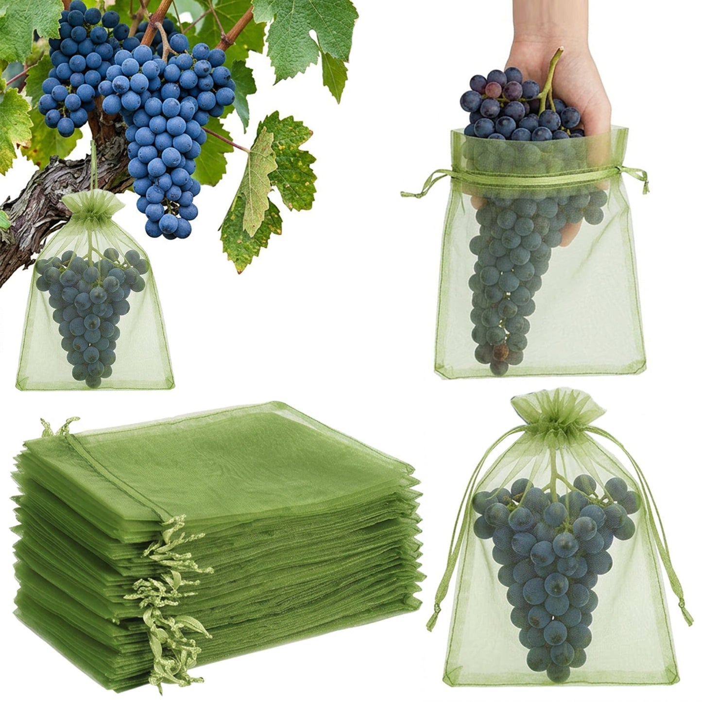 Tyqour 50pcs Fruit Protection Bags, Green Bags for Fruits & Vegetables, 6.69x9.06in Small Mesh Bags with Drawstring for Fruit Trees, Reusable Mesh Produce Bags