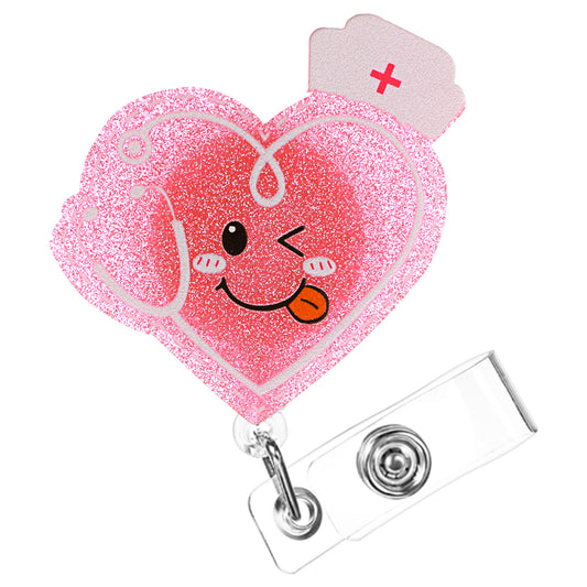 Ymapinc Heart Badge Reel Retractable Glitter Nursing Badge Reel Pink Bling Medical Nurse ID Badge Holder with Clips Cute Badge Reel for Nursing Assistant Student Doctor Hospital
