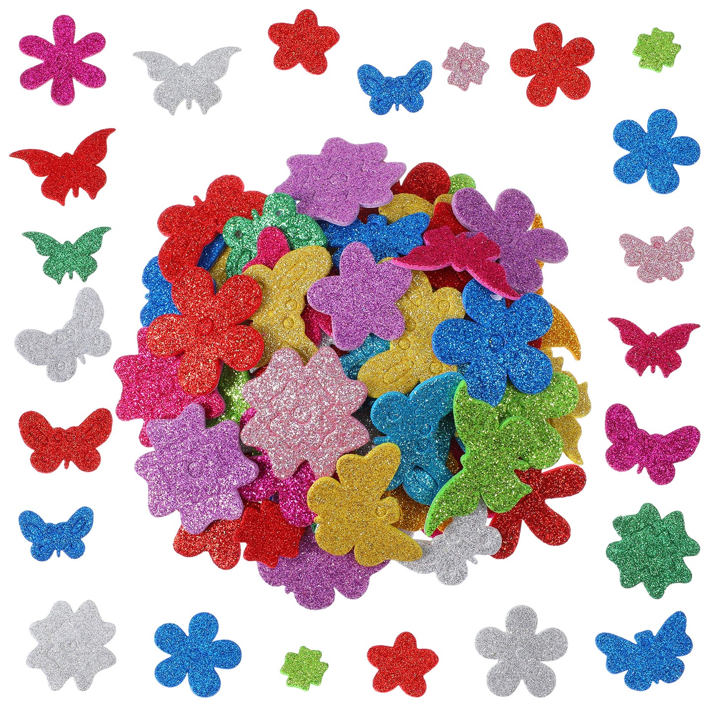Ouligay 200PCS Foam Shape Stickers Glitter Flower Butterfly Foam Stickers Assorted Self Adhesive Craft Supplies Flower Sticker for DIY Crafts Arts Party Scrapbooking Card Decoration Home Decor