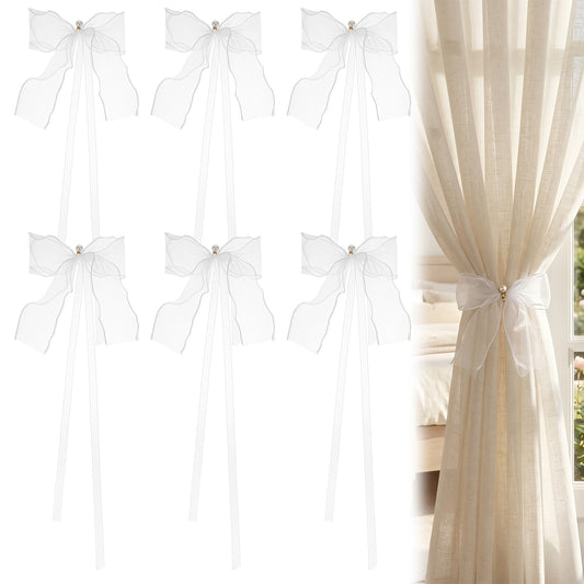 Ymapinc Tie Backs for Curtains, 6 Pack White Bow Curtain Ties with Pearl