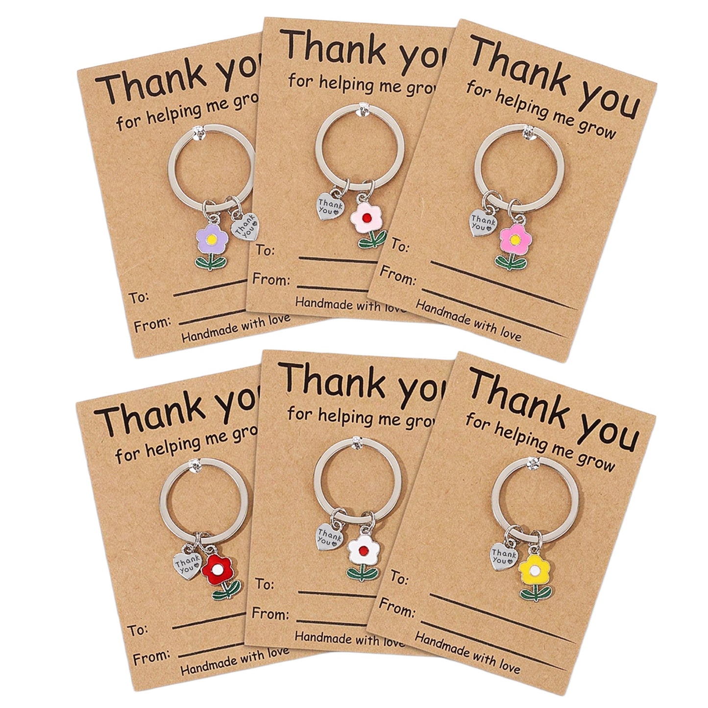 Nogeqi 6 Pcs Small Thank You Gifts for Teachers Women, Teacher Keychains in Bulk Flower Intial Thank You for Helping Me Grow Gifts, Appreciation Gift for Daycare Kindergarten Teacher Assistant
