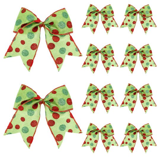 10PCS Christmas Bows 6 Inch Red and Green Christmas Ornaments Large Wreath Bows Xmas Elf Tree Bows Ribbons Christmas Bows Decoration for Garland Wedding Party(Glitter Dot)