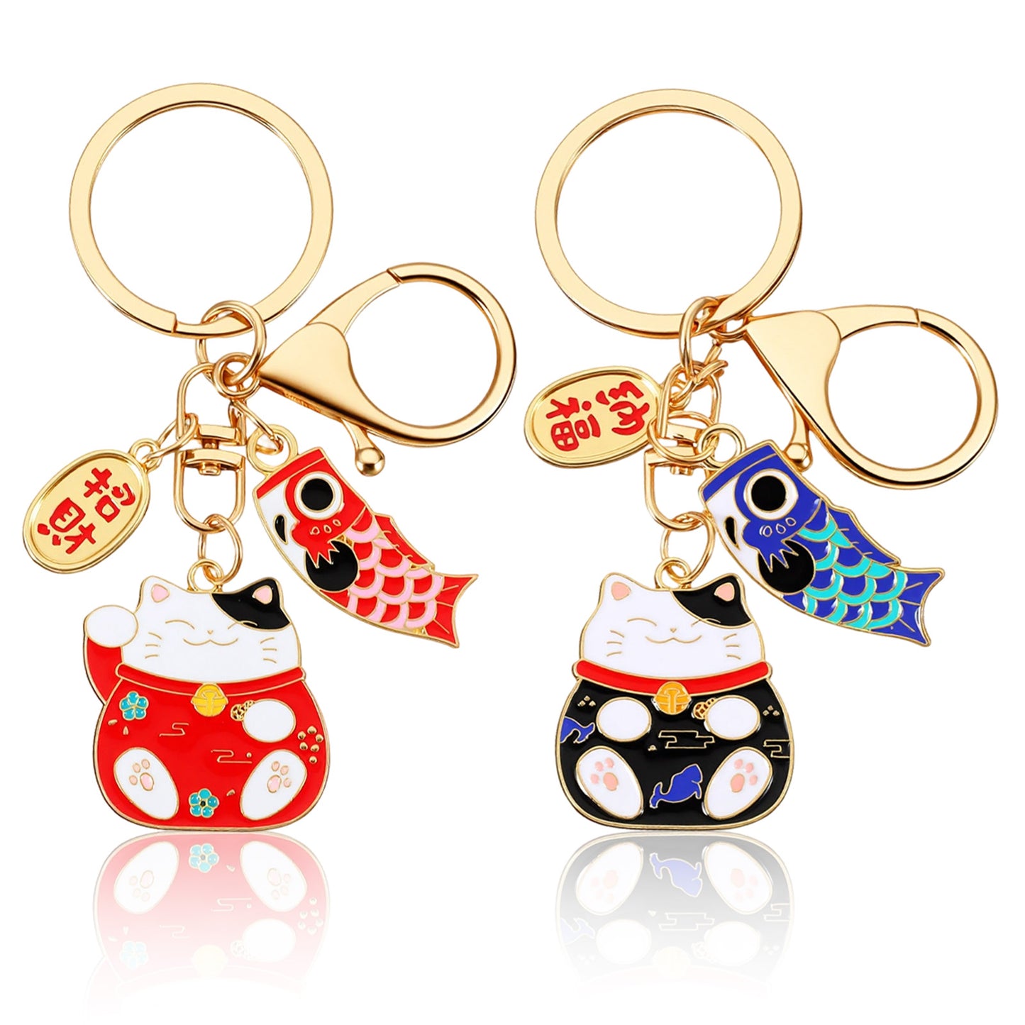 Shimmeroo 2PCS Lucky Cat Keyring,Japanese Keychain for Wealth and Fortune Cute Lucky Cat Charm with Fish Accessories Japanese Gifts for Women