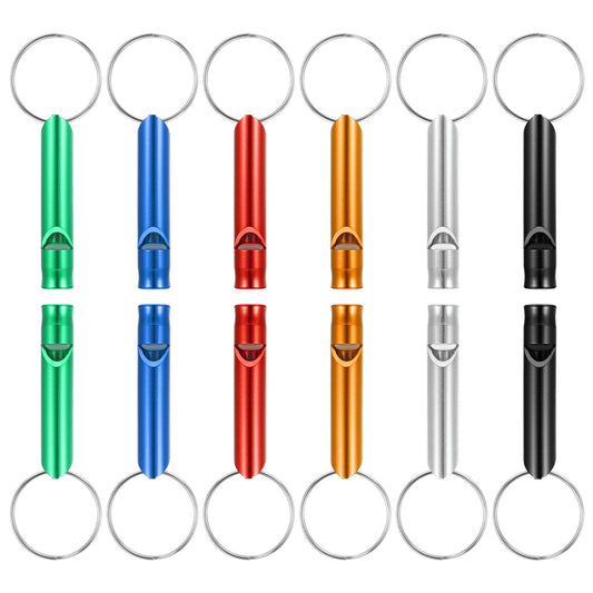 Xinjoduz 12 PCS Emergency Whistle with Key Chain, Aluminum Whistle, Loud Safety Whistle, Portable Self Defence Key Chains for Hiking Outdoor Sports Emergencies, 6 Colors for Gift