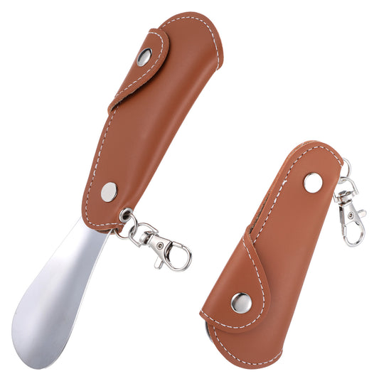 Ymapinc Metal Travel Shoe Horn, Foldable Shoe Horns for Men and Women Shoe Helpers for Kids Compact Shoe Holster with Keychain Deep Brown - Stainless Steel PU Leather