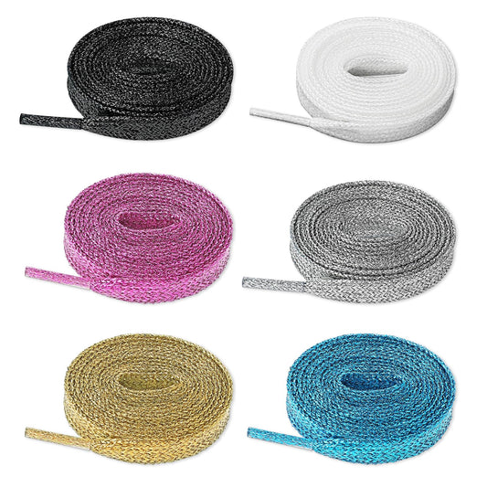 Teaaha 6 Pairs Glitter Shoe Laces Multicolor Elastic Stretchy Shoelaces 43" Metallic Glitter Solid Colors Flat Shoelaces for Sneakers Skate Boots Sport - One Size Fits All