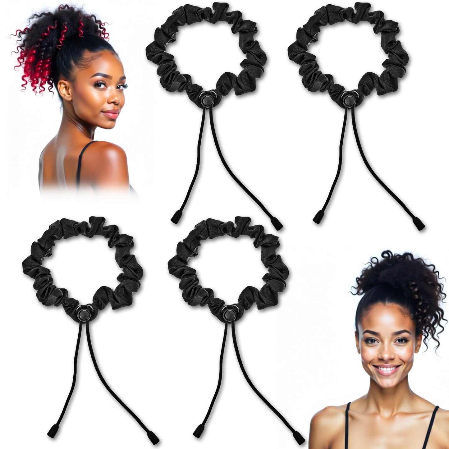 Tyqour 4pcs Afro Puff Ponytail Ties Adjustable Hair Ties for Black Women Satin Hair Scrunchies Long Hairband Afro Hair Accessories for Thick Hair Dreadlock Natural Hair Ties Curly Hair Bun