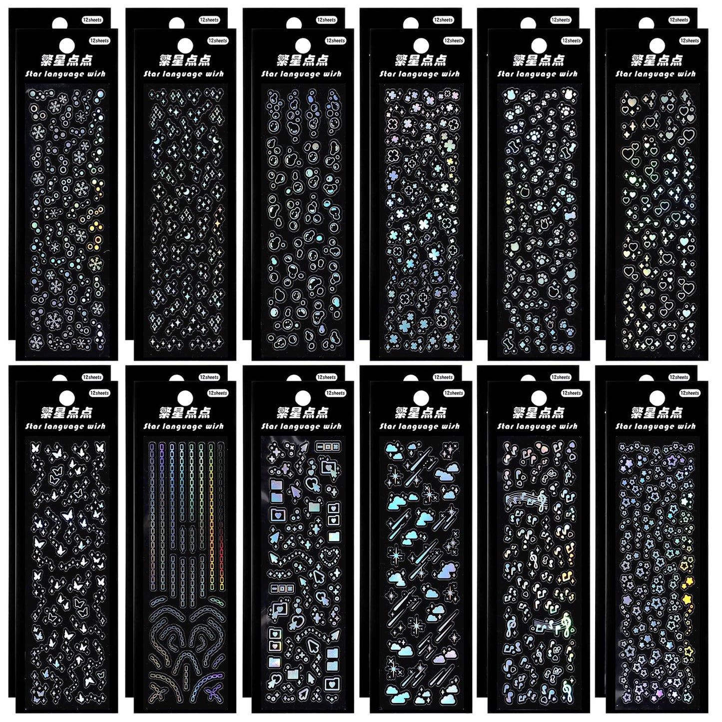 Chsoejuf 24 Sheets Self Adhesive Holographic Korean Deco Stickers Glitter