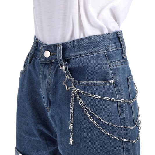 Star Pants Chain, Silver Layered Goth Jean Chain Punk Pocket Accessories Clasps Metal Punk Pocket Star Adjustable Hip Hop Wallet Chain with Lobster for Men and Women