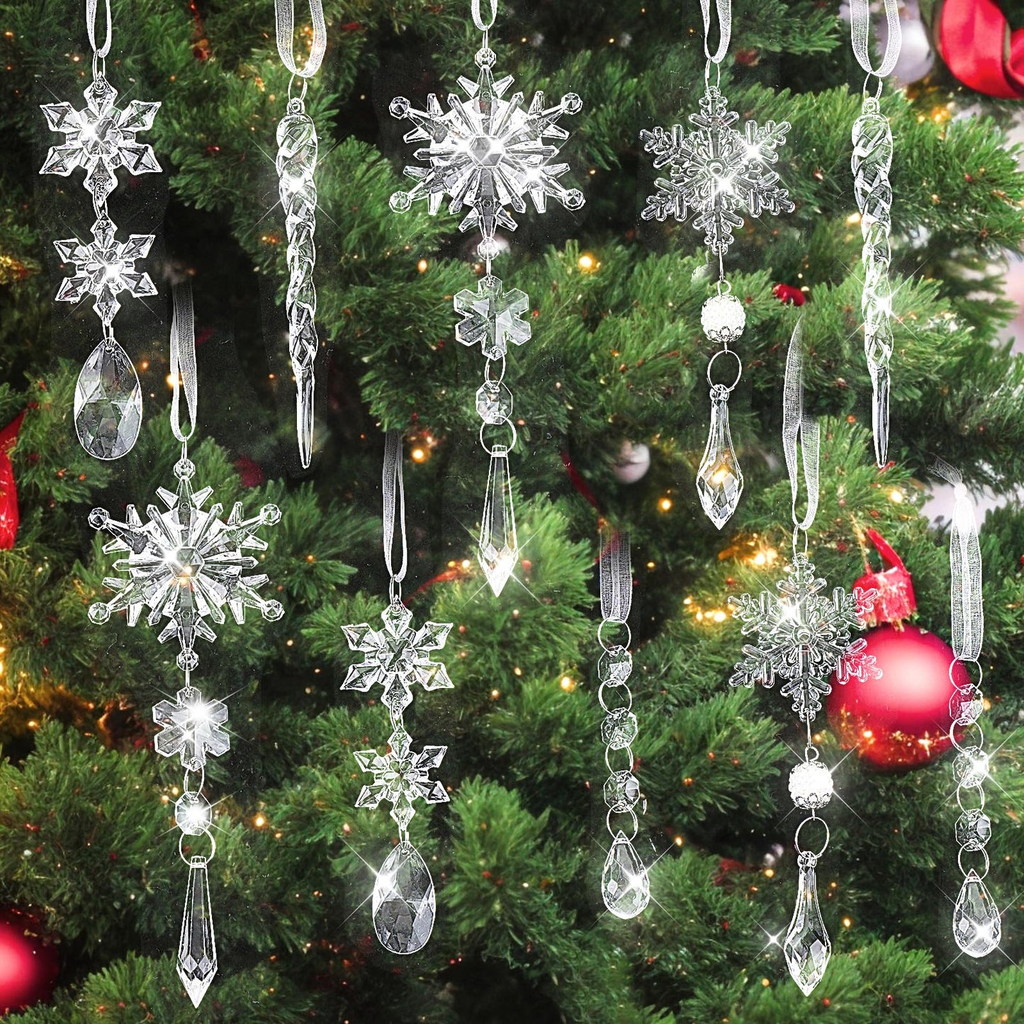 Ouligay 10Pcs Clear Christmas Tree Pendants Snowflake Icicles Hanging Ornaments Acrylic Crystal hanging Set for Christmas Tree Party Hanging Supplies Decoration